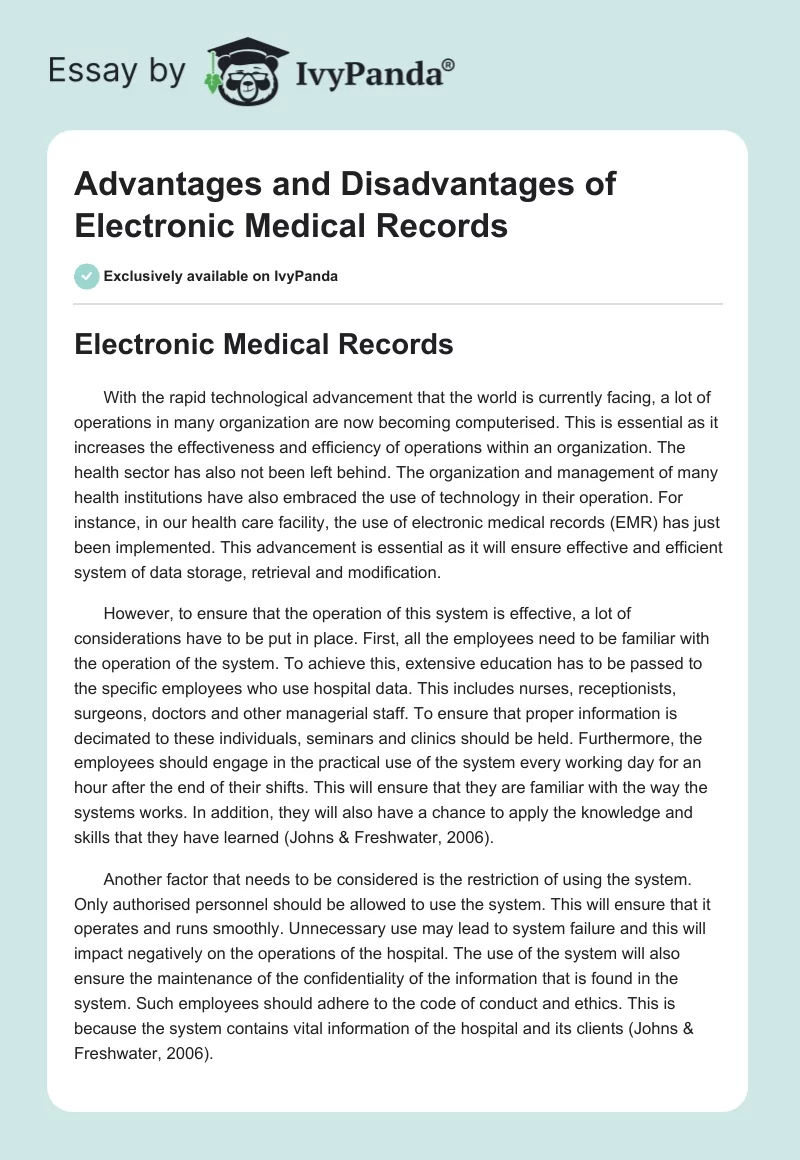 Advantages and Disadvantages of Electronic Medical Records. Page 1
