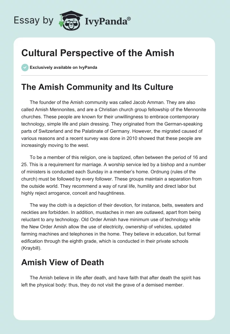 Cultural Perspective of the Amish. Page 1
