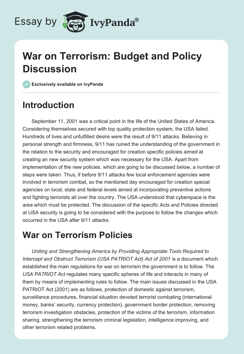 War on Terrorism: Budget and Policy Discussion. Page 1