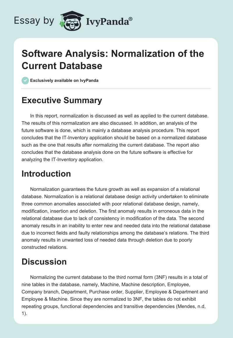 Software Analysis: Normalization of the Current Database. Page 1