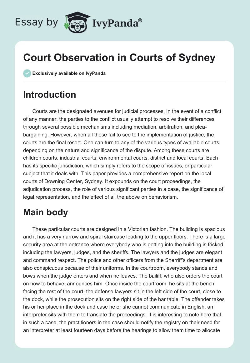 Court Observation in Courts of Sydney. Page 1