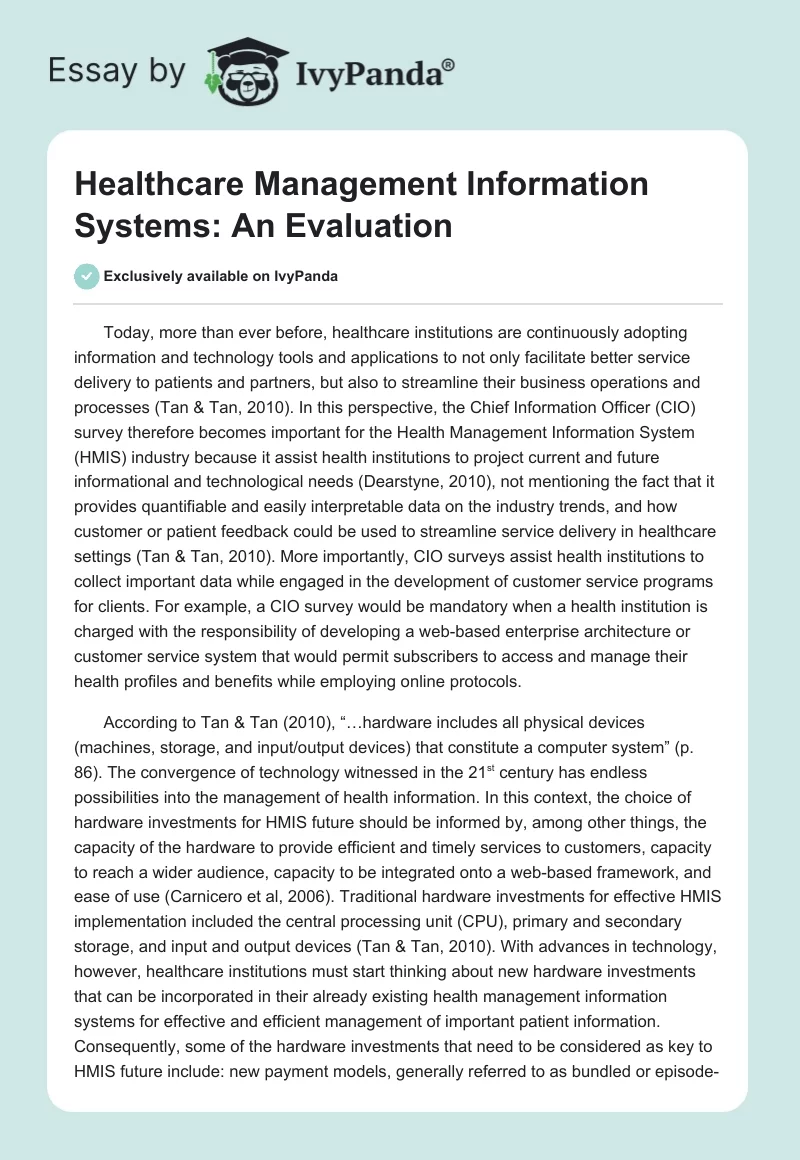 Healthcare Management Information Systems: An Evaluation. Page 1