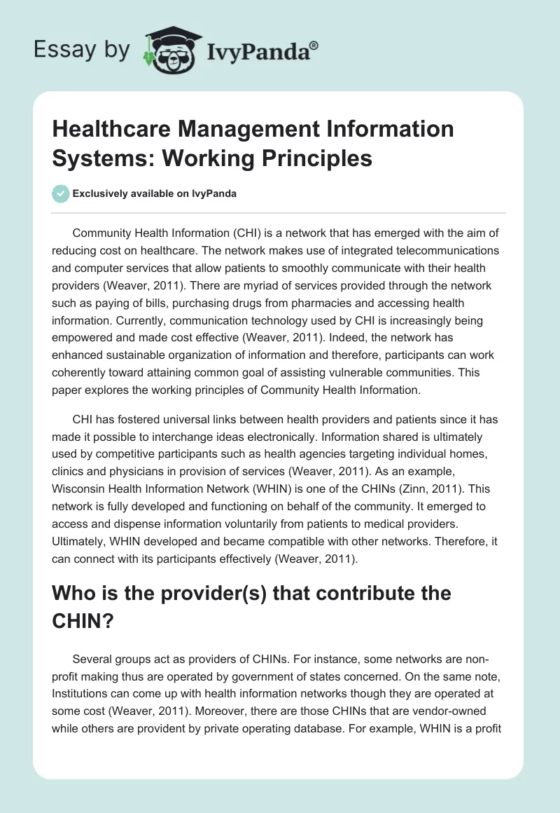 Healthcare Management Information Systems: Working Principles. Page 1