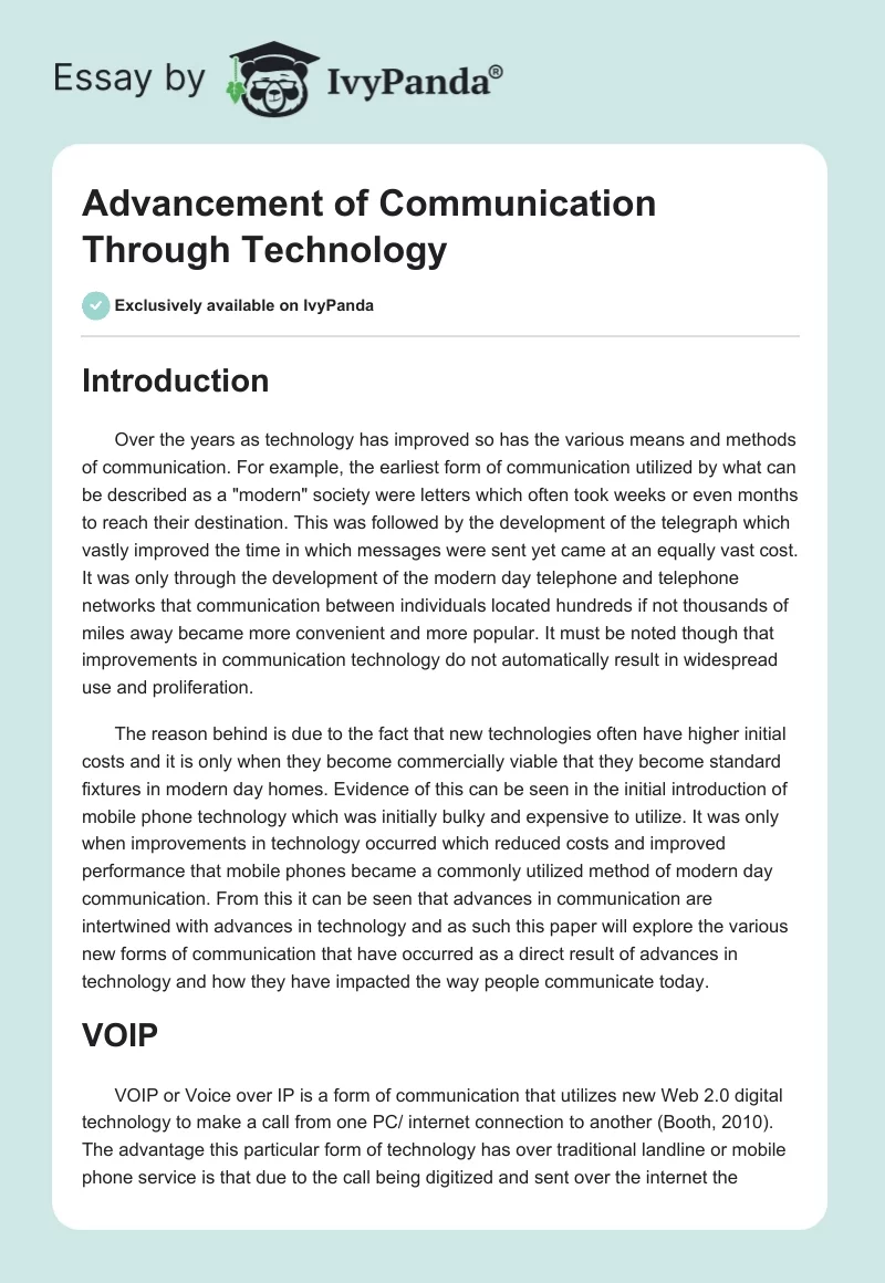 Advancement of Communication Through Technology. Page 1
