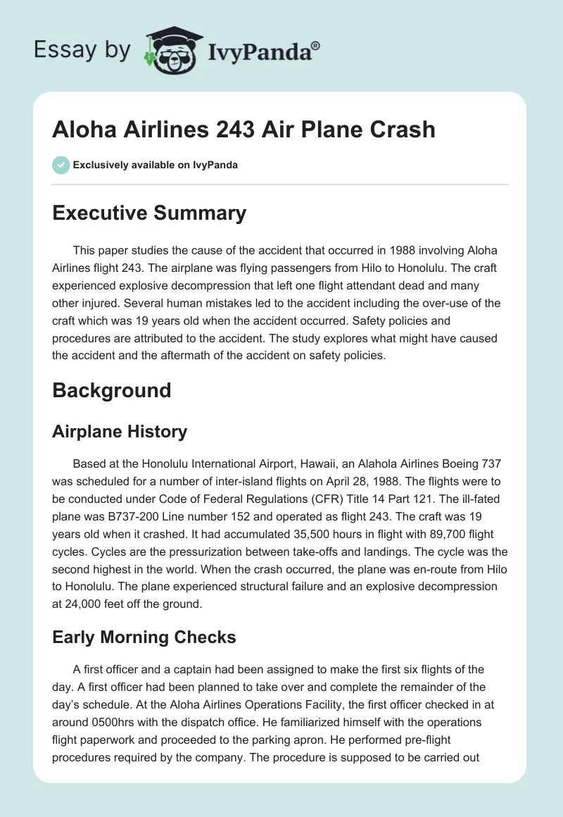 Aloha Airlines 243 Air Plane Crash. Page 1