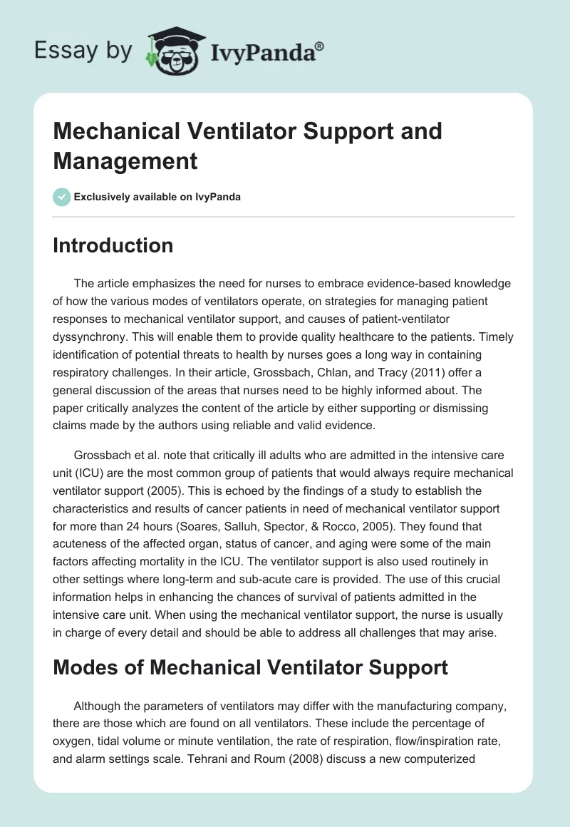 Mechanical Ventilator Support and Management. Page 1