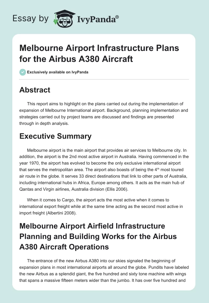 Melbourne Airport Infrastructure Plans for the Airbus A380 Aircraft. Page 1