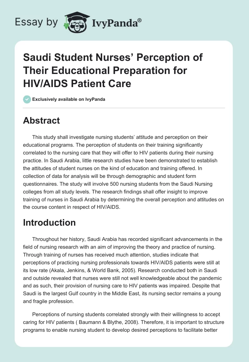 Saudi Student Nurses’ Perception of Their Educational Preparation for HIV/AIDS Patient Care. Page 1