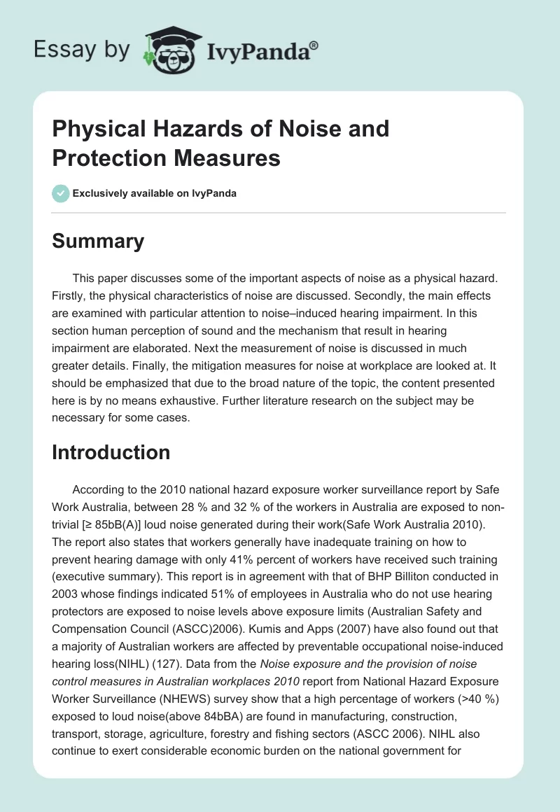 Physical Hazards of Noise and Protection Measures. Page 1
