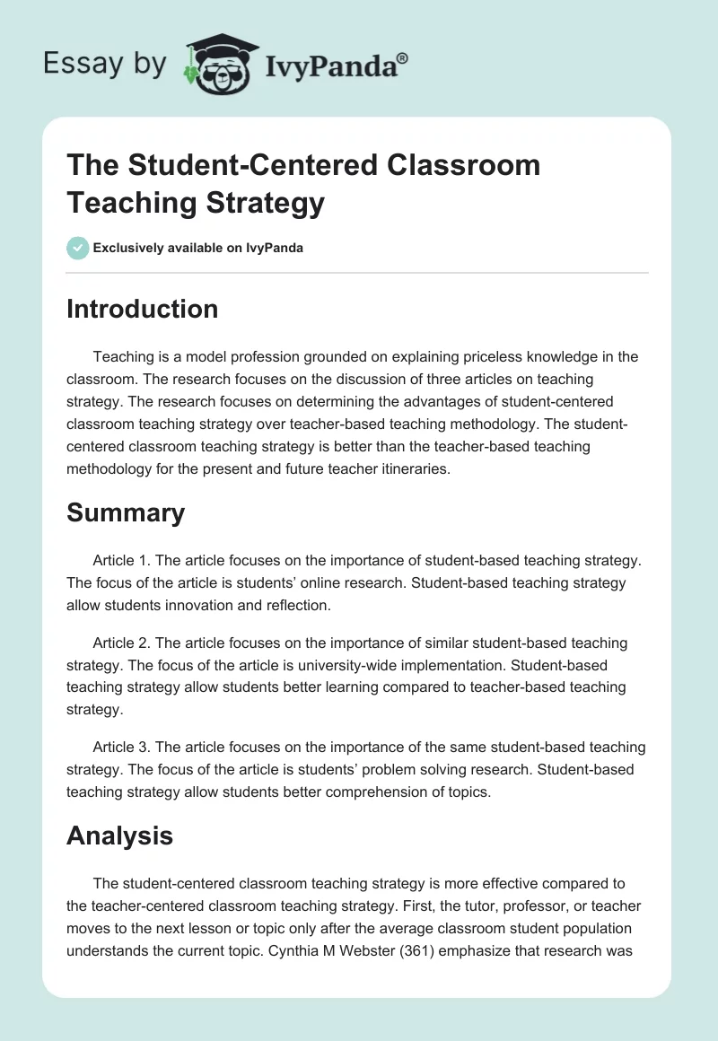 The Student-Centered Classroom Teaching Strategy. Page 1
