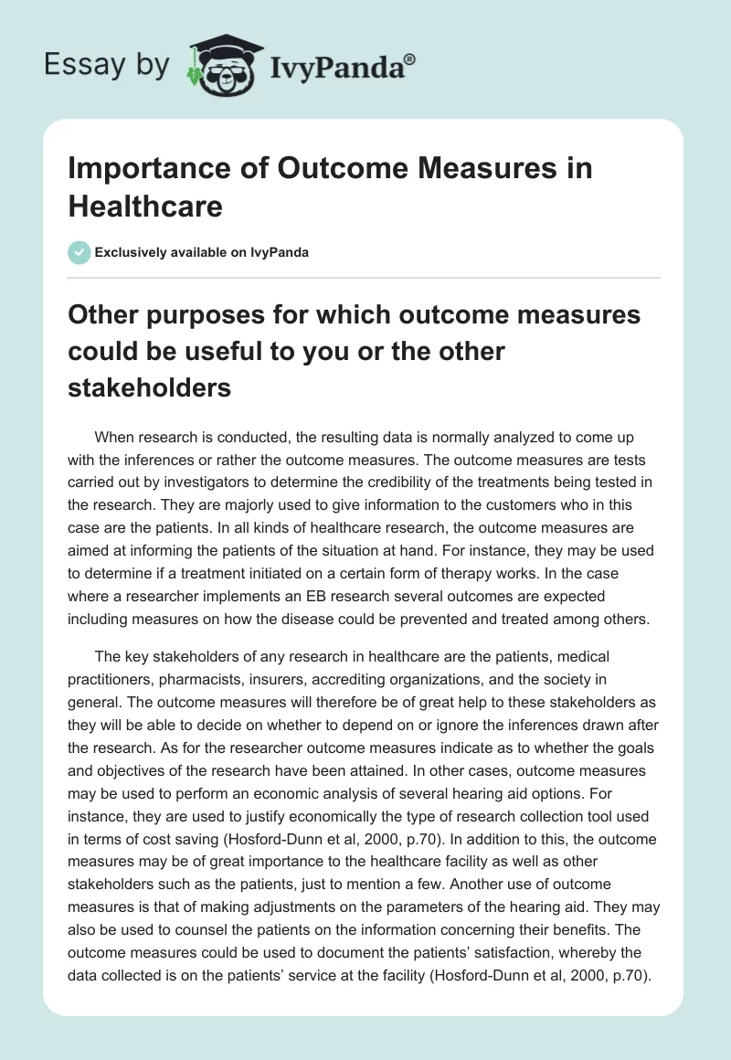 Importance of Outcome Measures in Healthcare. Page 1