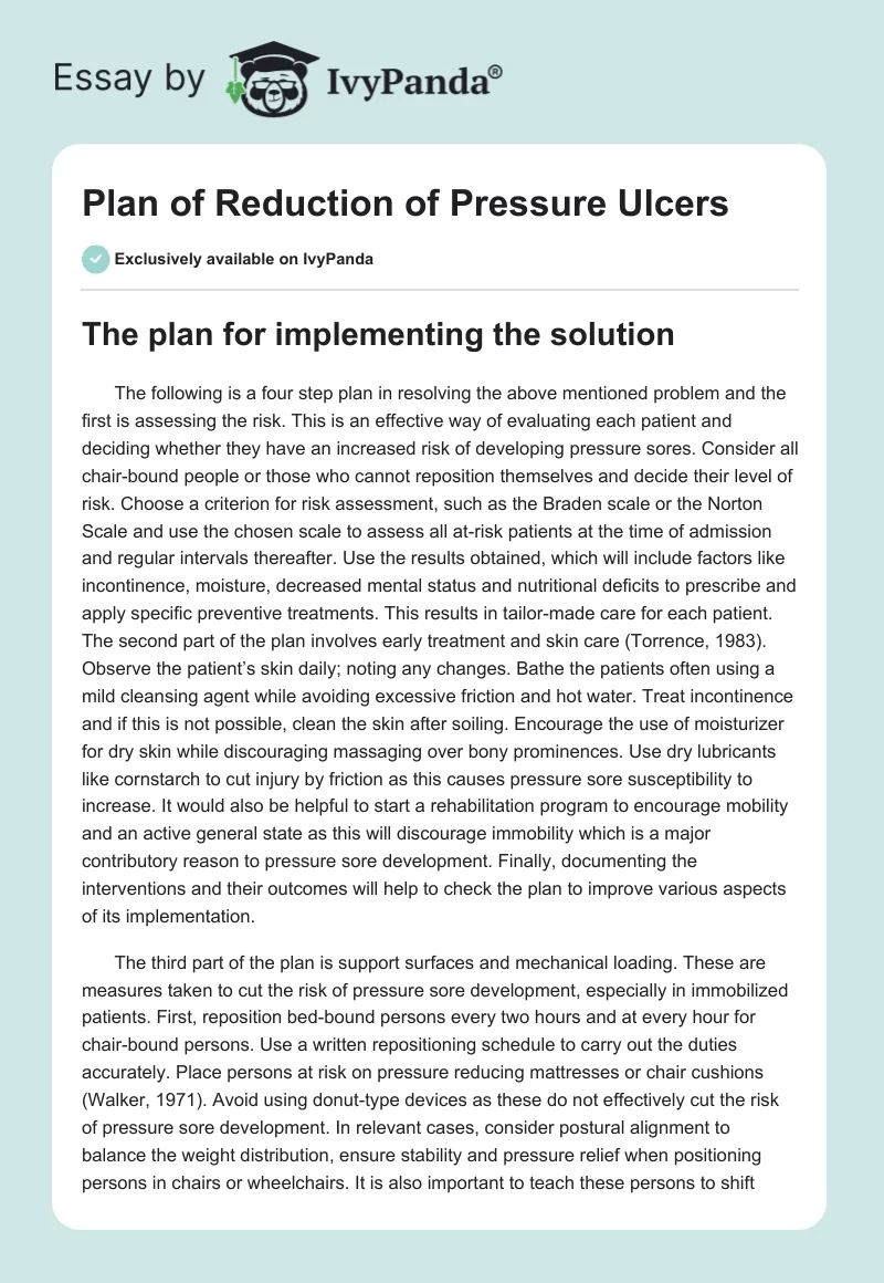 Plan of Reduction of Pressure Ulcers. Page 1