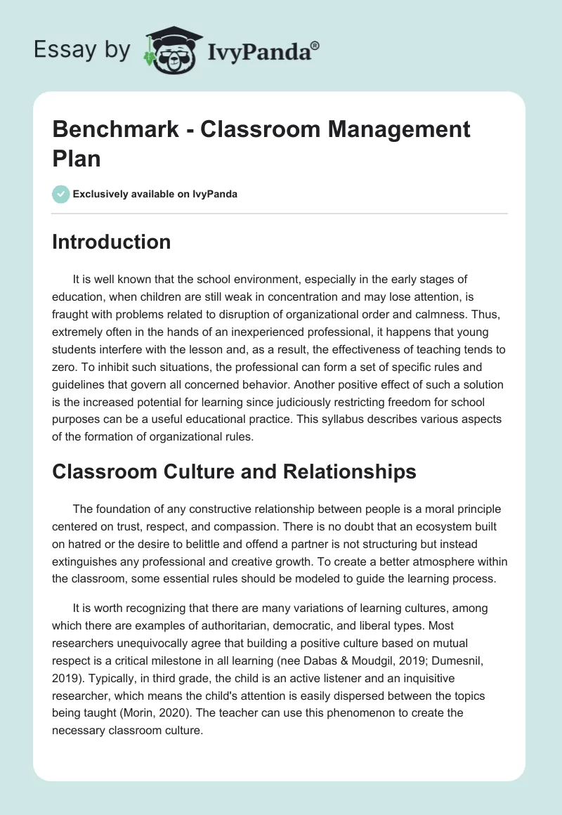 Benchmark - Classroom Management Plan. Page 1