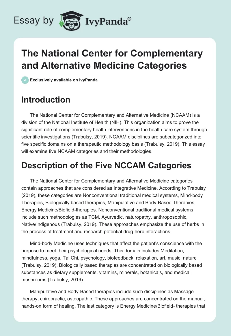 The National Center for Complementary and Alternative Medicine Categories. Page 1