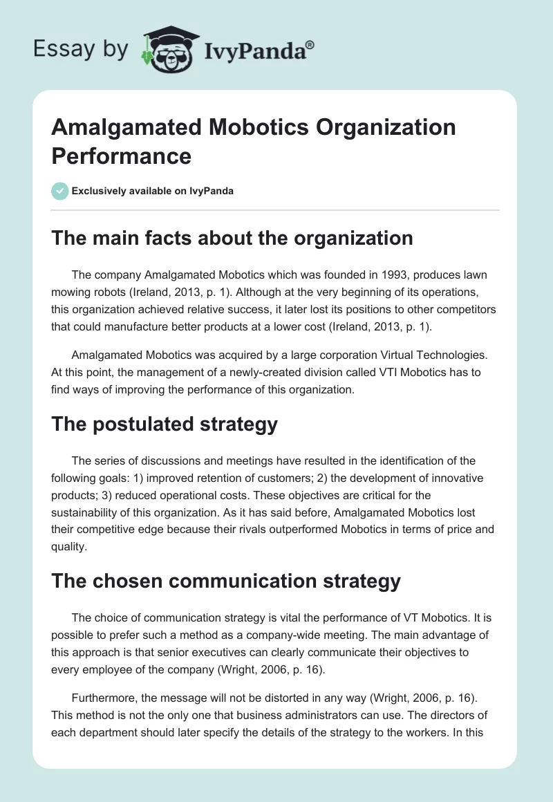 Amalgamated Mobotics Organization Performance. Page 1