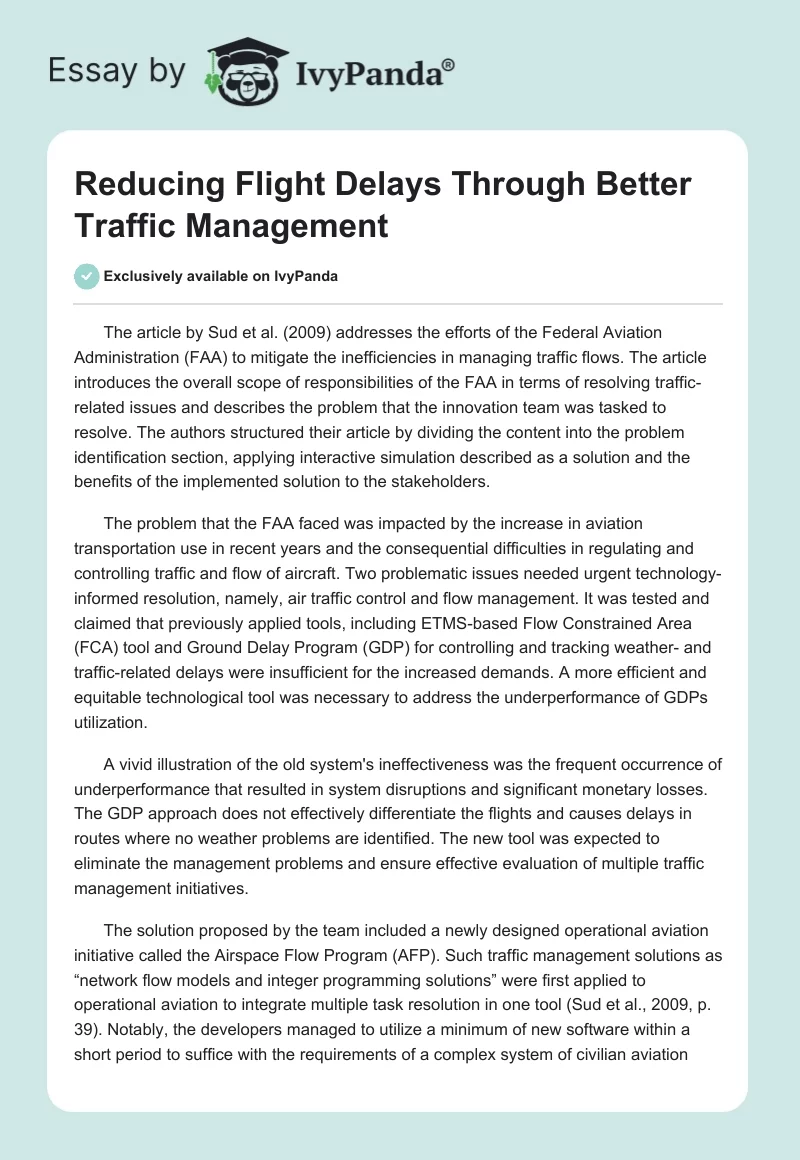 Reducing Flight Delays Through Better Traffic Management. Page 1