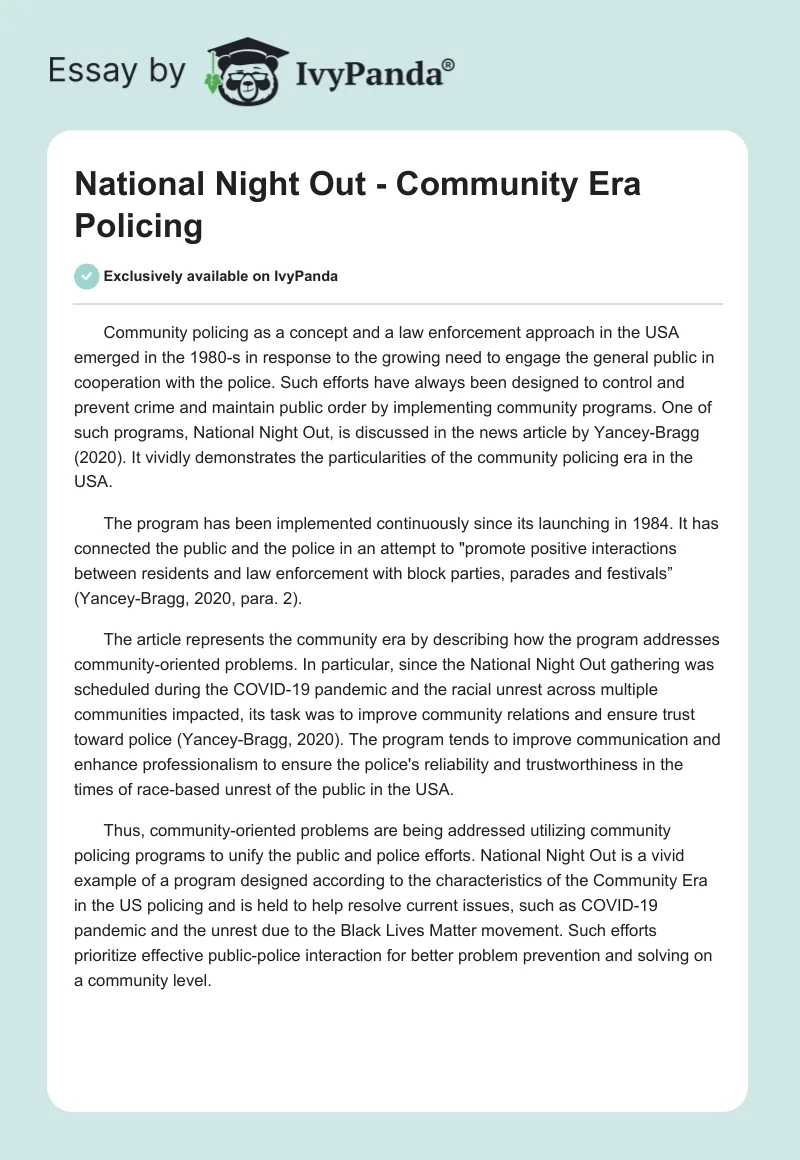 National Night Out - Community Era Policing. Page 1