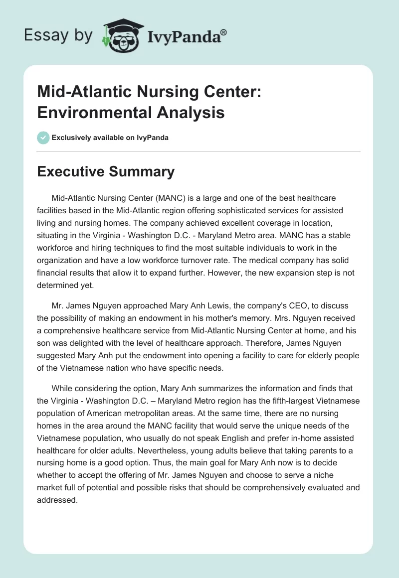 Mid-Atlantic Nursing Center: Environmental Analysis. Page 1