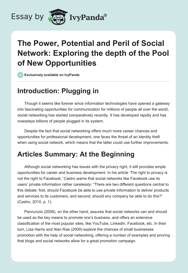 The Power, Potential and Peril of Social Network: Exploring the depth of the Pool of New Opportunities. Page 1