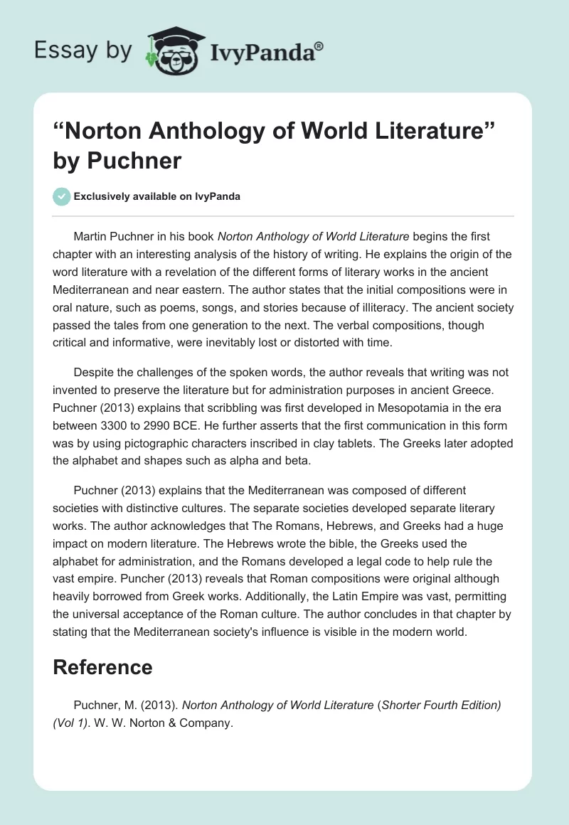 “Norton Anthology of World Literature” by Puchner. Page 1
