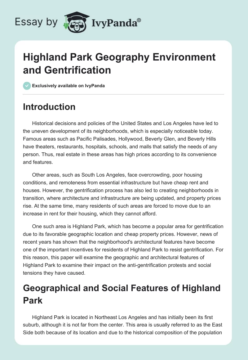 Highland Park Geography Environment and Gentrification. Page 1