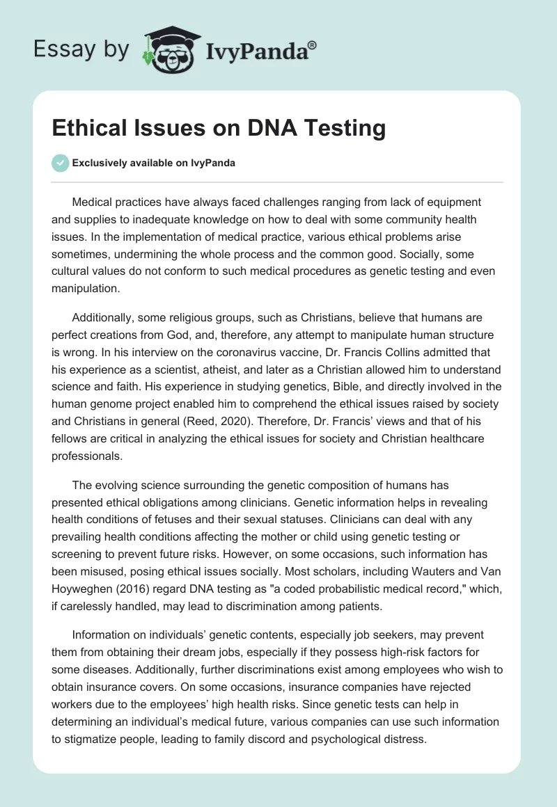 Ethical Issues on DNA Testing. Page 1