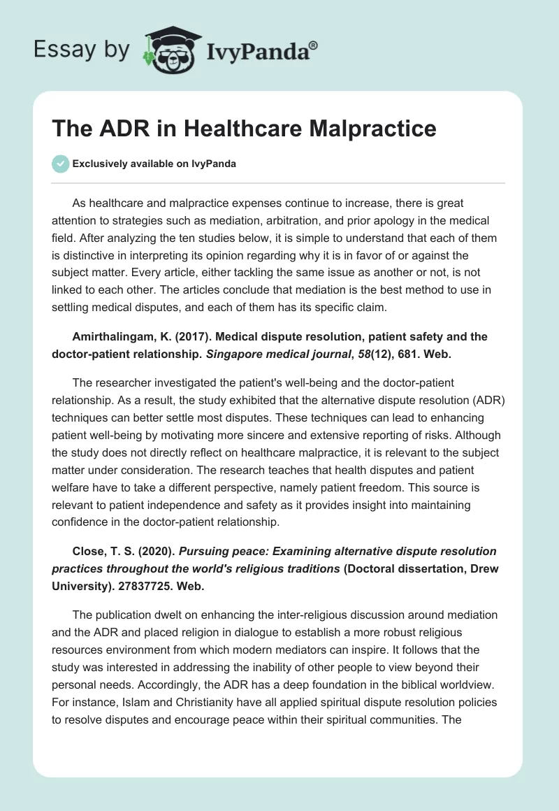 The ADR in Healthcare Malpractice. Page 1