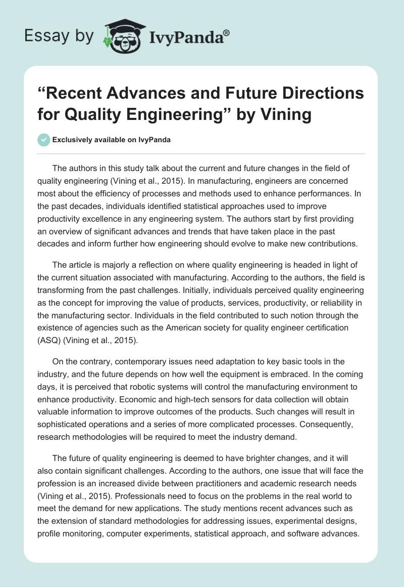 “Recent Advances and Future Directions for Quality Engineering” by Vining. Page 1