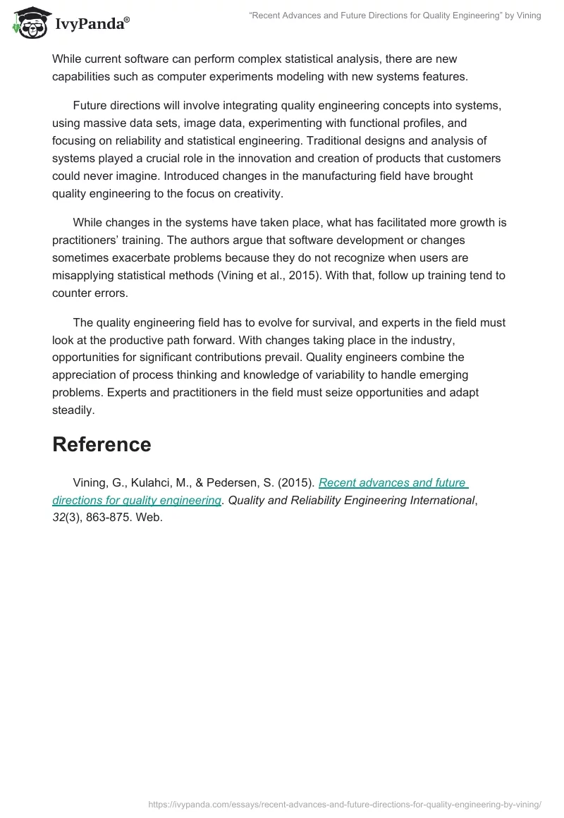 “Recent Advances and Future Directions for Quality Engineering” by Vining. Page 2