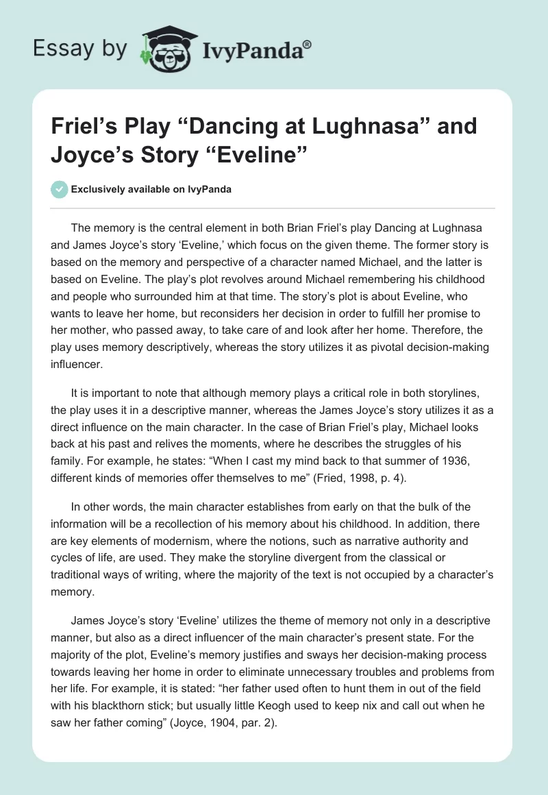 Friel’s Play “Dancing at Lughnasa” and Joyce’s Story “Eveline”. Page 1