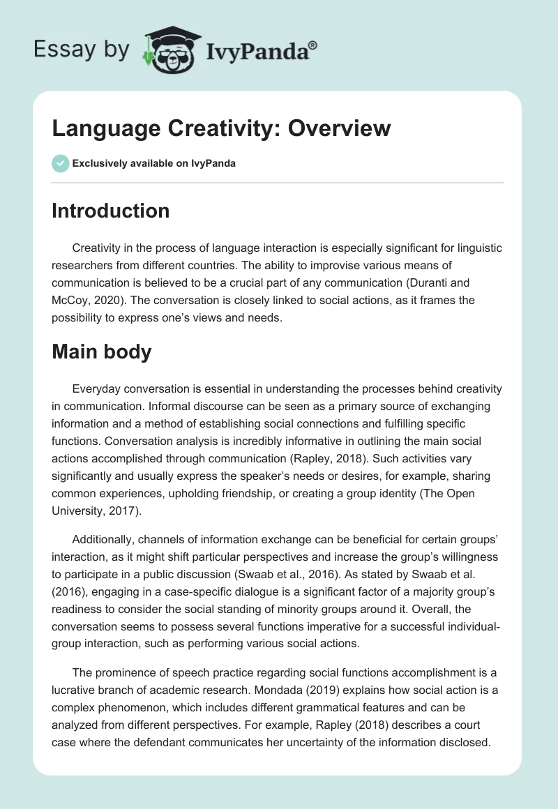 Language Creativity: Overview. Page 1