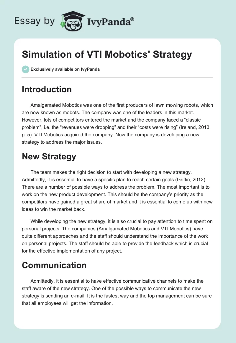 Simulation of VTI Mobotics' Strategy. Page 1