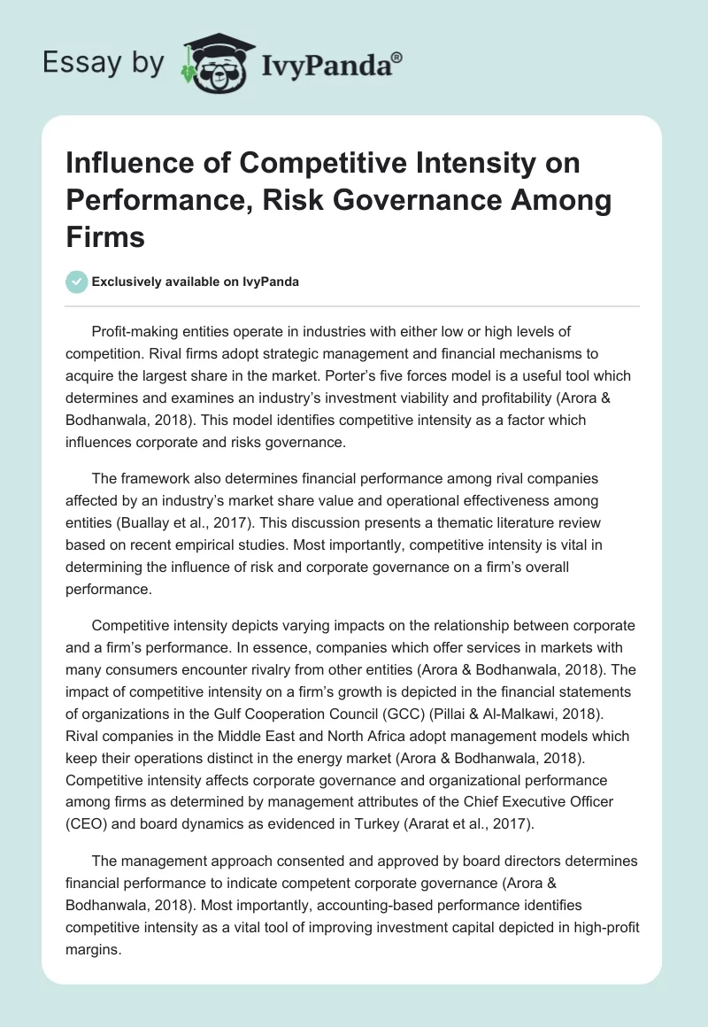 Influence of Competitive Intensity on Performance, Risk Governance Among Firms. Page 1