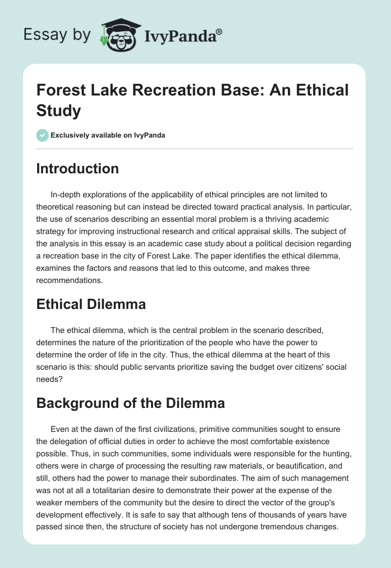 Forest Lake Recreation Base: An Ethical Study. Page 1