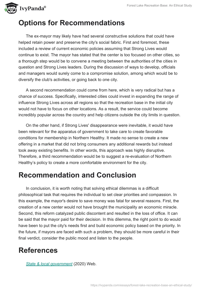 Forest Lake Recreation Base: An Ethical Study. Page 3