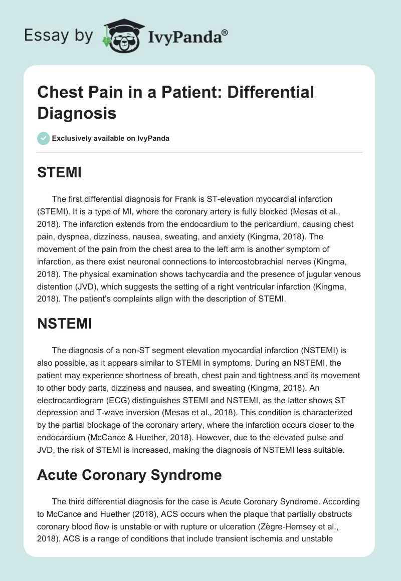 Chest Pain in a Patient: Differential Diagnosis. Page 1