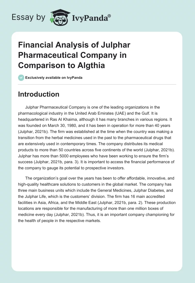 Financial Analysis of Julphar Pharmaceutical Company in Comparison to Algthia. Page 1