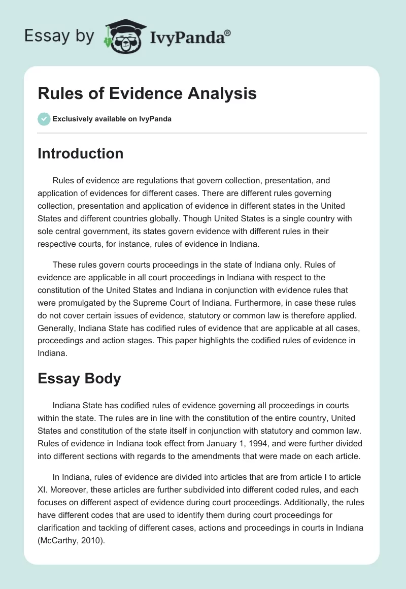 Rules of Evidence Analysis. Page 1