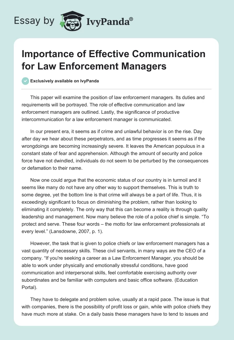 Importance of Effective Communication for Law Enforcement Managers. Page 1