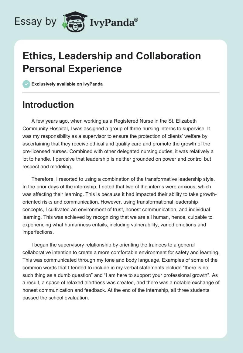Ethics, Leadership and Collaboration Personal Experience. Page 1