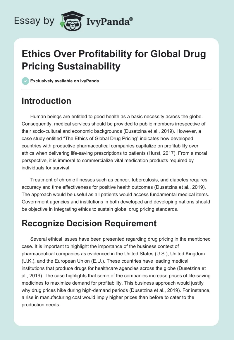 Ethics Over Profitability for Global Drug Pricing Sustainability. Page 1