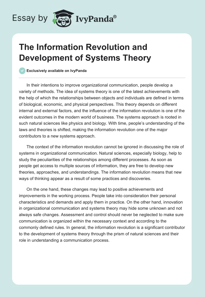 The Information Revolution and Development of Systems Theory. Page 1