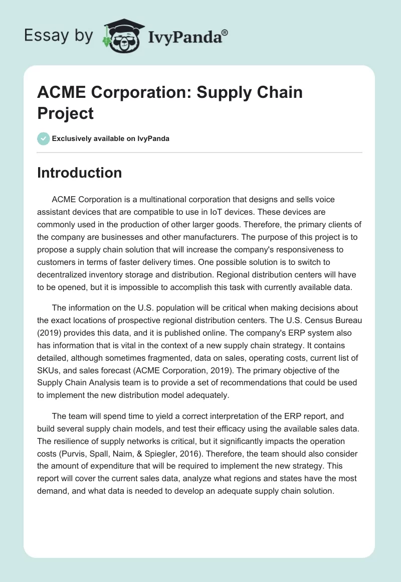 ACME Corporation: Supply Chain Project. Page 1