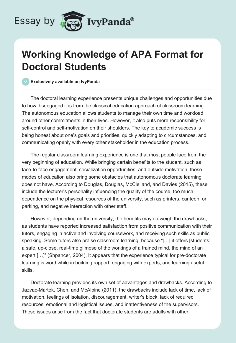Working Knowledge of APA Format for Doctoral Students. Page 1
