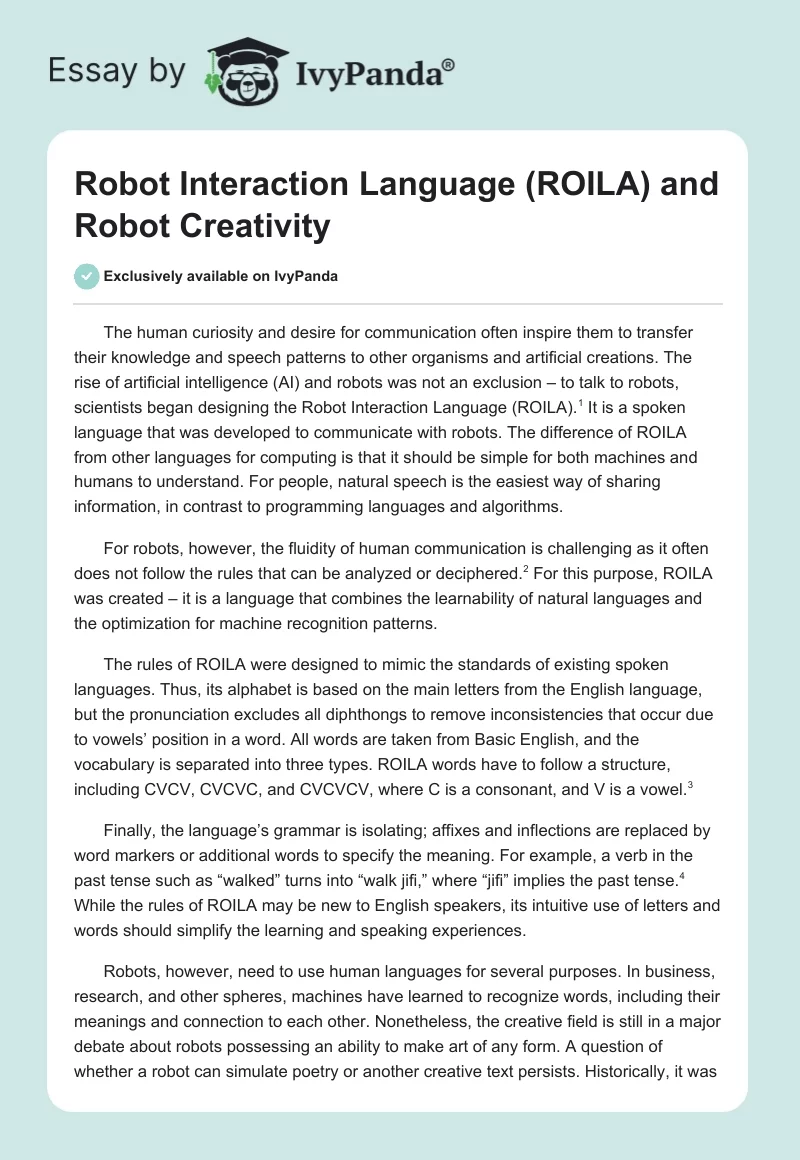 Robot Interaction Language (ROILA) and Robot Creativity. Page 1