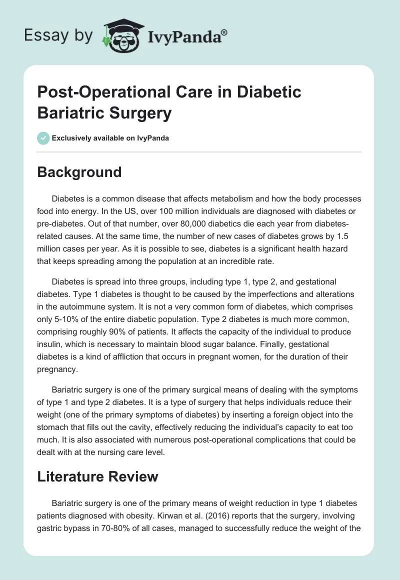 Post-Operational Care in Diabetic Bariatric Surgery. Page 1