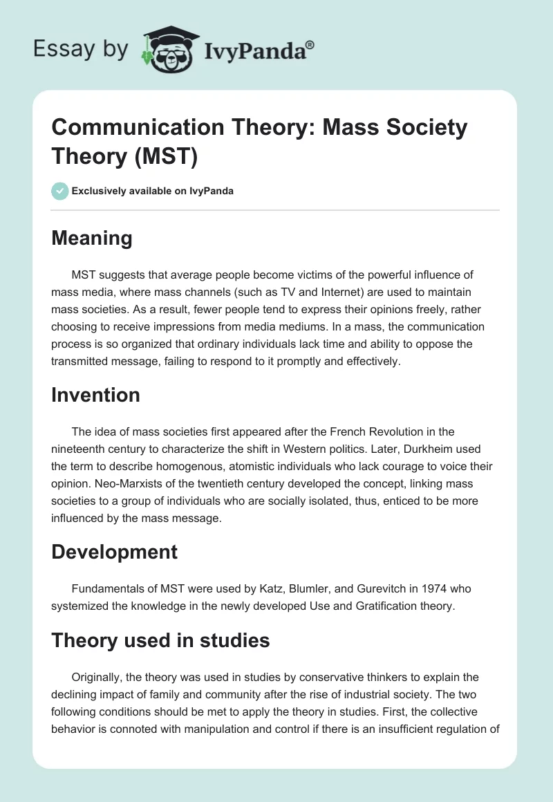 Communication Theory: Mass Society Theory (MST). Page 1
