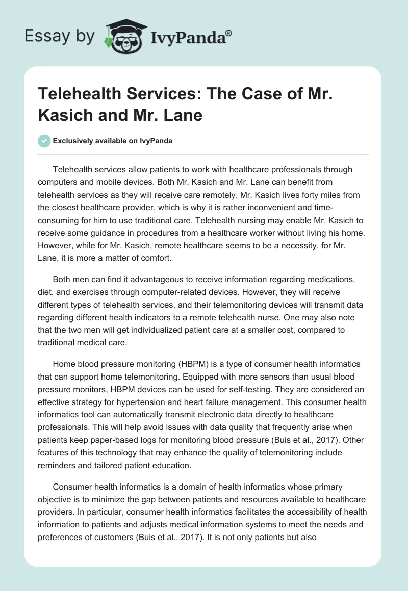 Telehealth Services: The Case of Mr. Kasich and Mr. Lane. Page 1