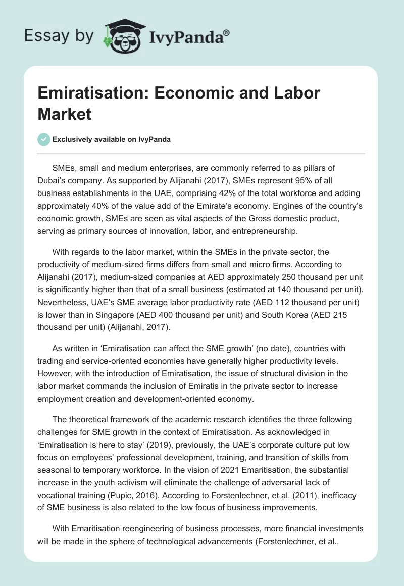 Emiratisation: Economic and Labor Market. Page 1