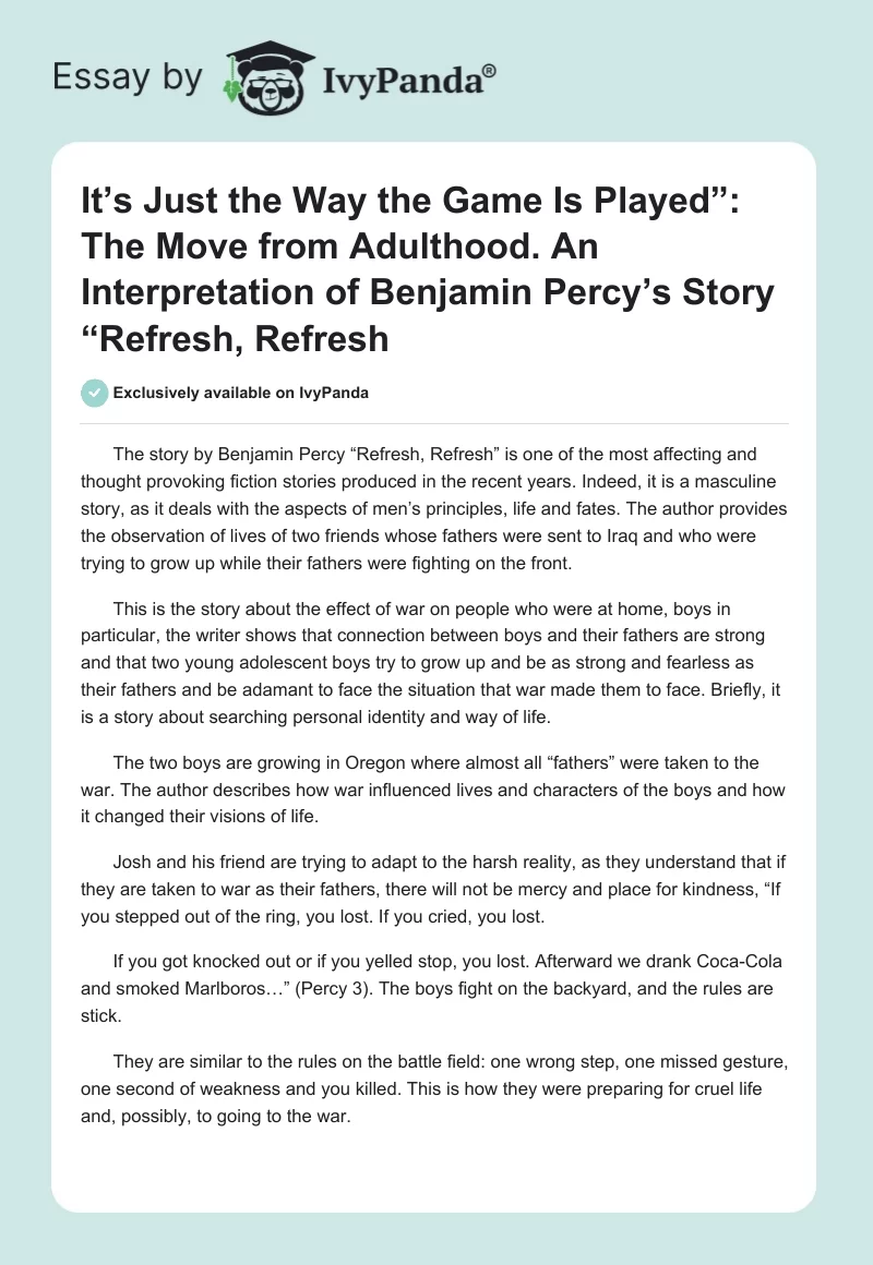 It’s Just the Way the Game Is Played”: The Move from Adulthood. An Interpretation of Benjamin Percy’s Story “Refresh, Refresh. Page 1